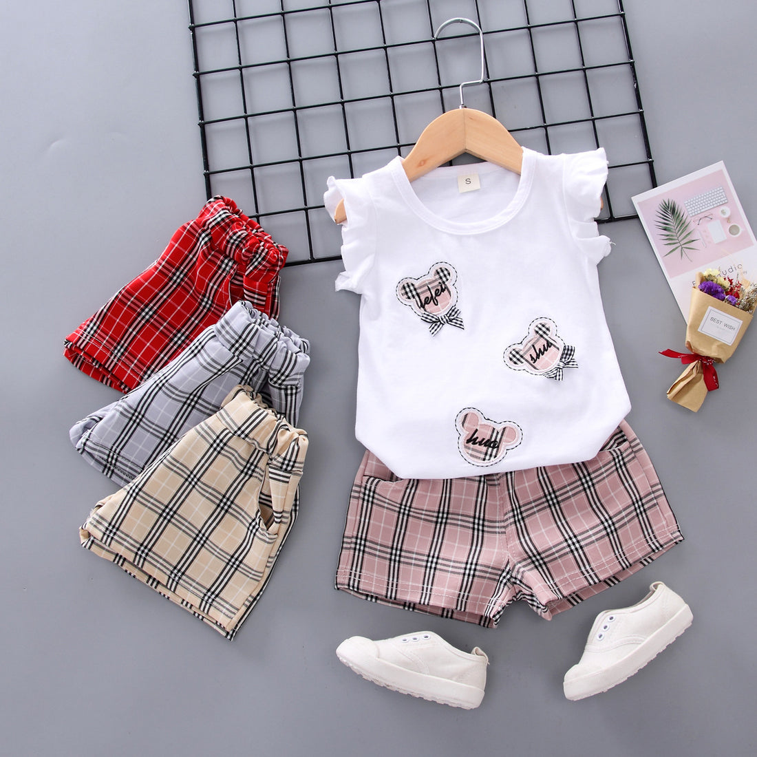 [368246-WHITE PINK] - Baju Setelan Kutung Trendi Anak Import - Motif Tape Tartan Plaid
