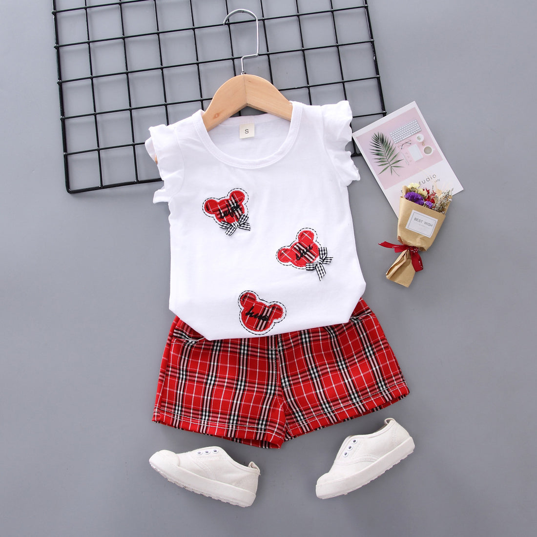 [368246-WHITE RED] - Baju Setelan Kutung Trendi Anak Import - Motif Tape Tartan Plaid