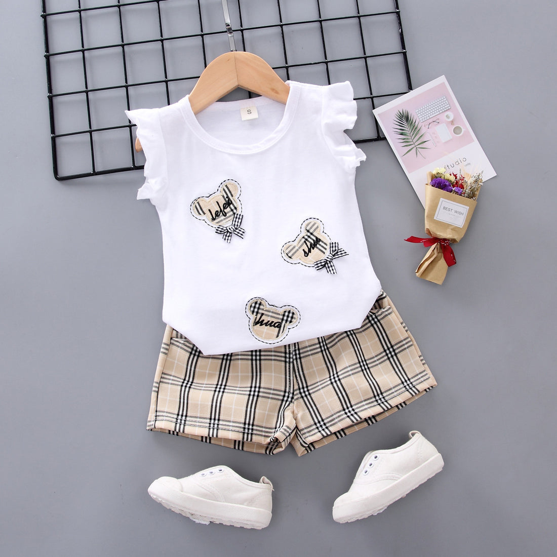 [368246-WHITE CREAM] - Baju Setelan Kutung Trendi Anak Import - Motif Tape Tartan Plaid