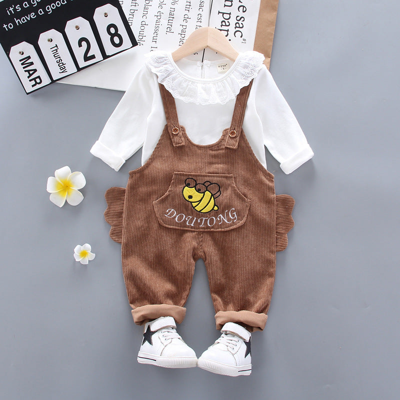 [368293-BROWN] - Baju Setelan Overall Anak Import - Motif Fat Bee