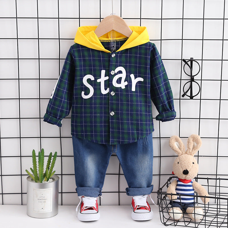 [368348] - Setelan Kemeja Hoodie Fashion Anak - Motif Gingham Star