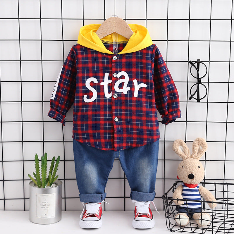 [368348] - Setelan Kemeja Hoodie Fashion Anak - Motif Gingham Star