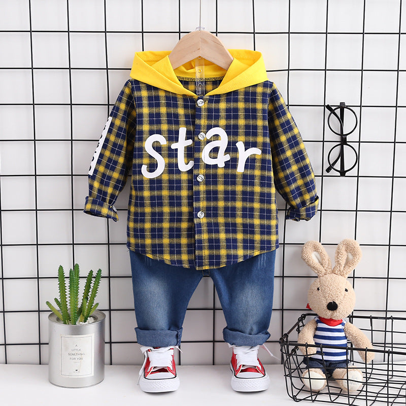 [368348] - Setelan Kemeja Hoodie Fashion Anak - Motif Gingham Star