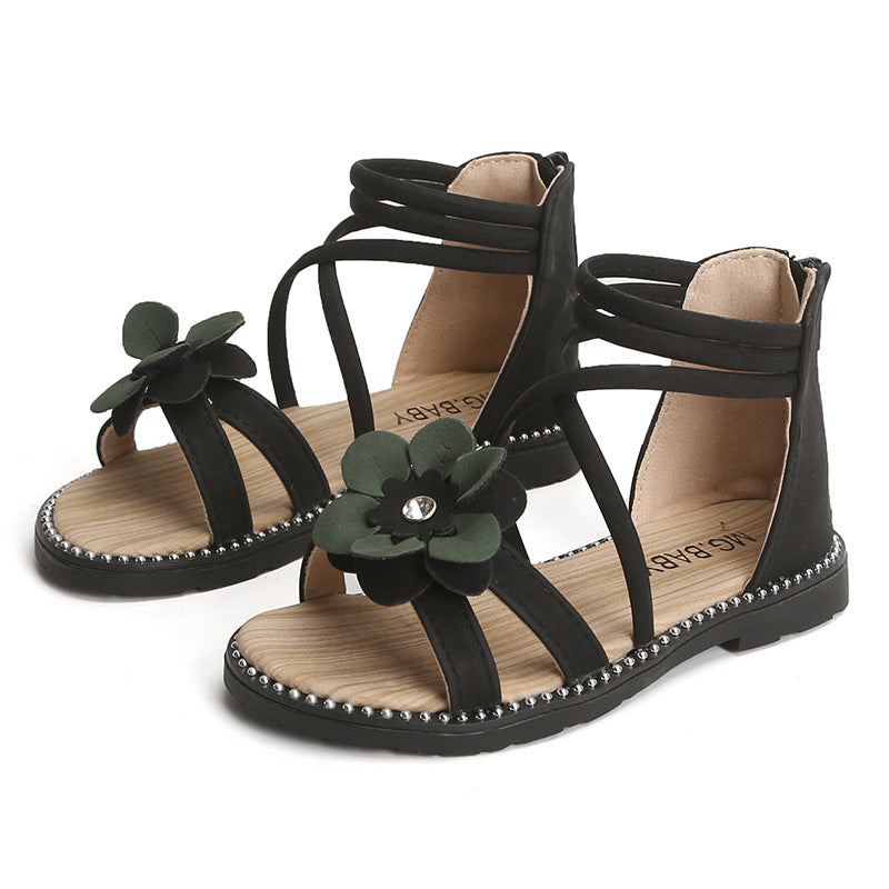 [381137-BLACK] - Sepatu Sandal Boots Anak Import - Motif Blooming Flower