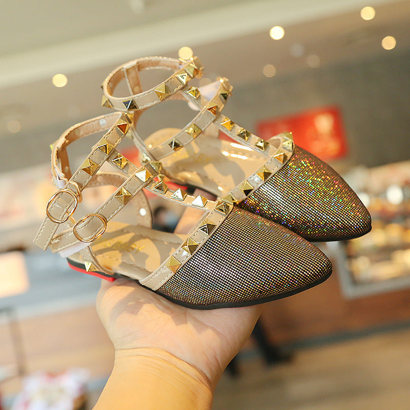 [381191] - Sepatu Sandal FLat Stylish Anak Import - Motif Pyramid Glitter