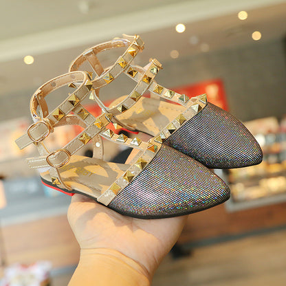 [381191] - Sepatu Sandal FLat Stylish Anak Import - Motif Pyramid Glitter