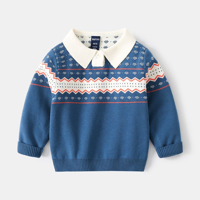 [383160] - Atasan Sweater Polo Kerah Import Anak Laki-Laki - Motif Sharp Twists