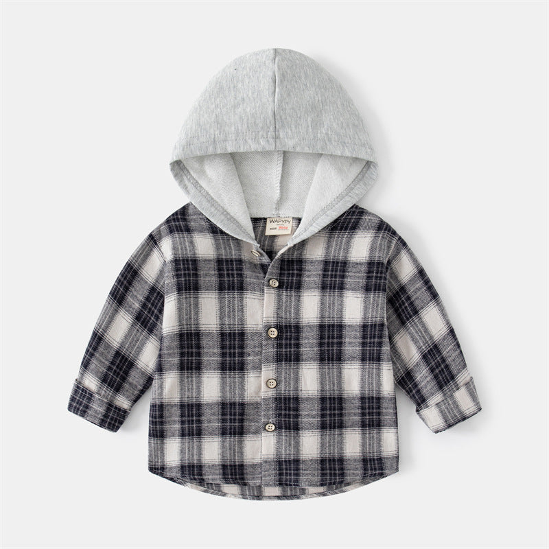 [383164] - Atasan Kemeja Flanel Hoodie Kotak-Kotak Anak Laki-Laki - Motif Box