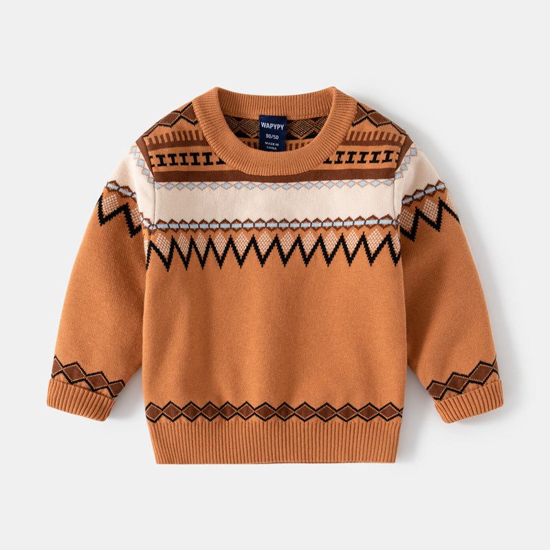 [383179] - Atasan Sweater Crewneck Import Anak Laki-Laki - Motif Fence Pattern