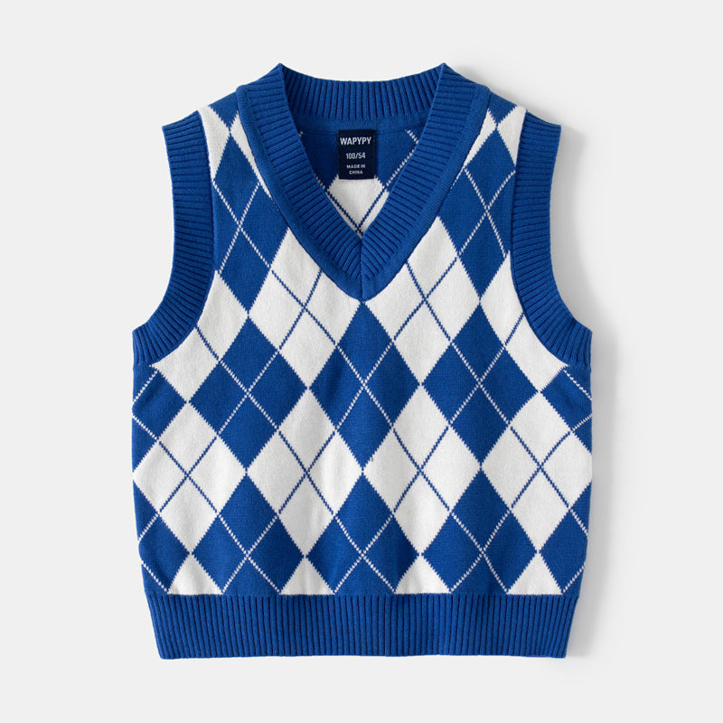 [383184] - Atasan Sweater Kutung Rompi Rajut Import Anak Laki-Laki - Motif Diamond Shape