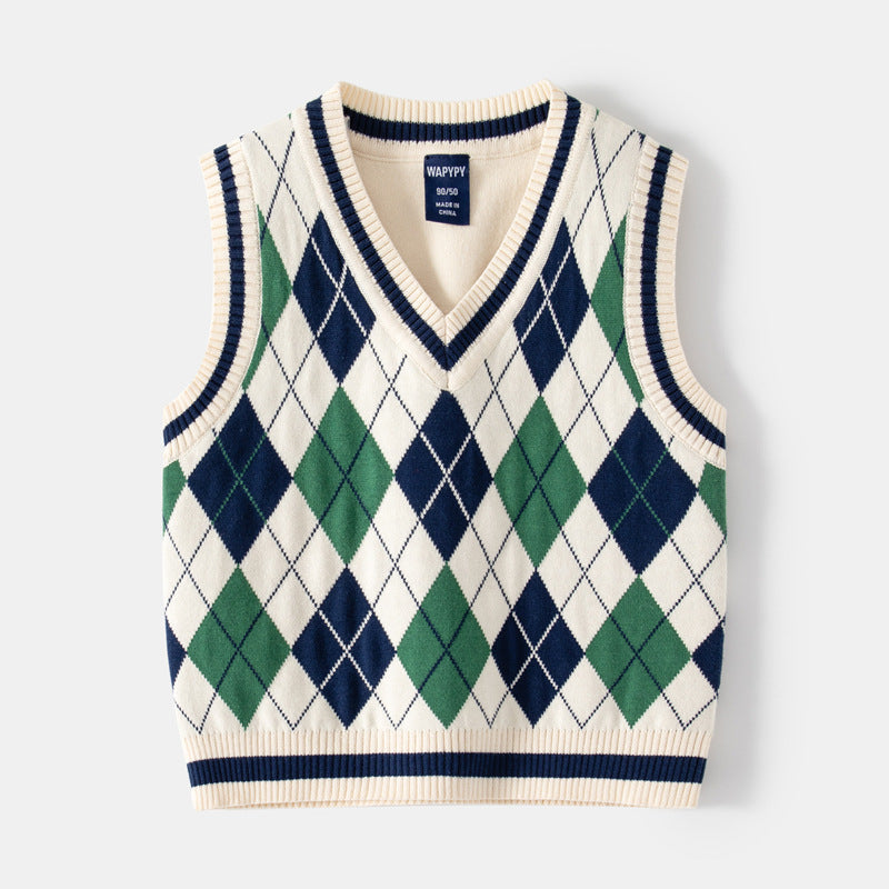 [383184] - Atasan Sweater Kutung Rompi Rajut Anak Laki-Laki - Motif Diamond Shape