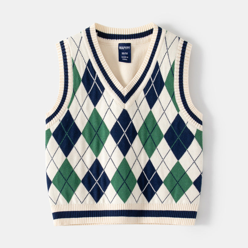 [383184] - Atasan Sweater Kutung Rompi Rajut Import Anak Laki-Laki - Motif Diamond Shape