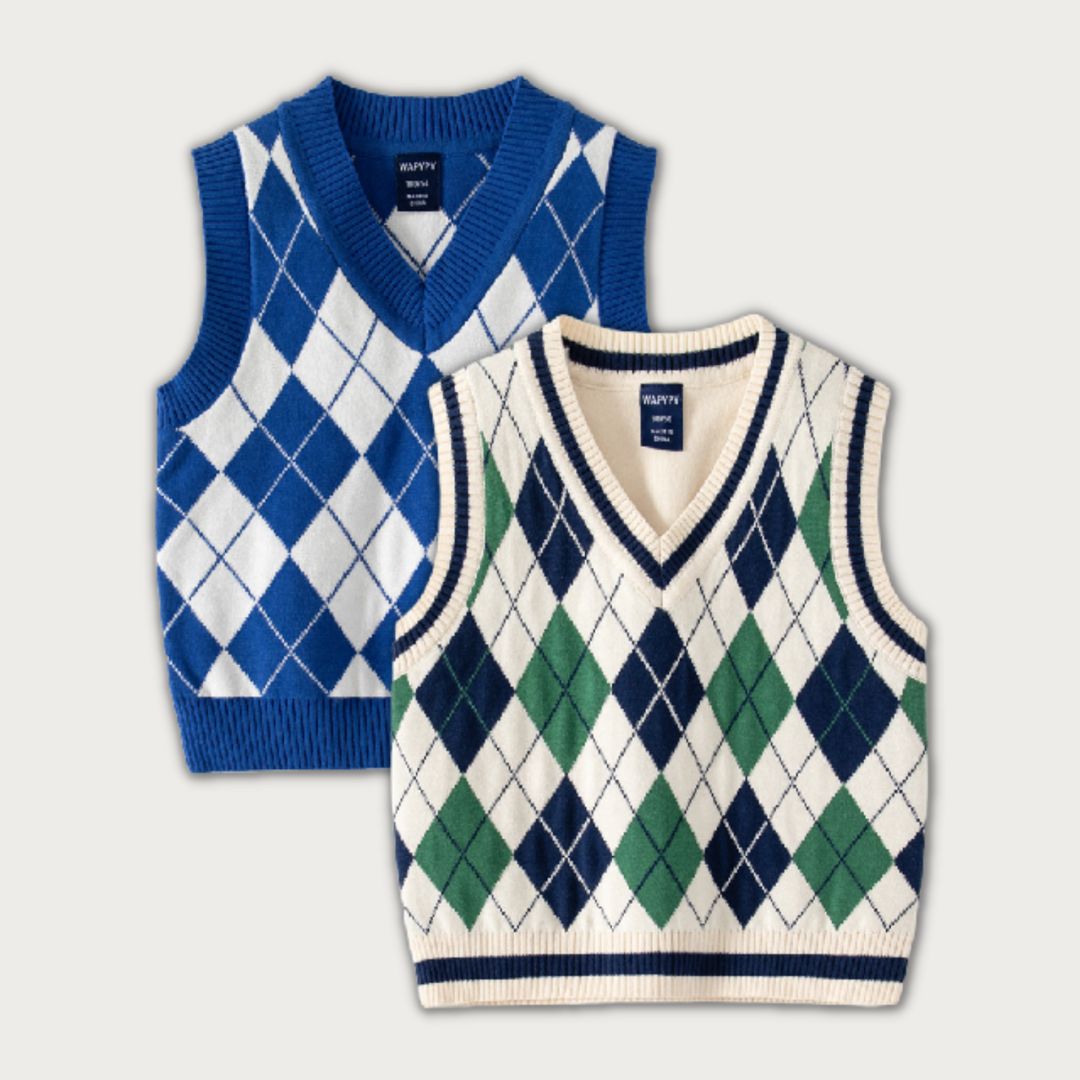 [383184] - Atasan Sweater Kutung Rompi Rajut Anak Laki-Laki - Motif Diamond Shape