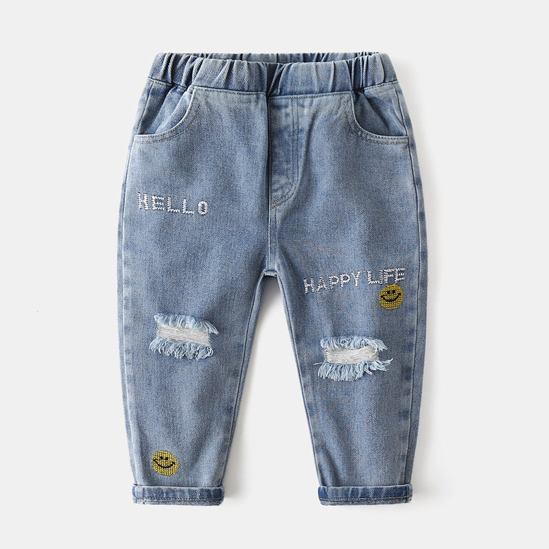 [383193] - Celana Panjang Jeans Sobek Bordir Import Anak Laki-Laki - Motif Happy Life