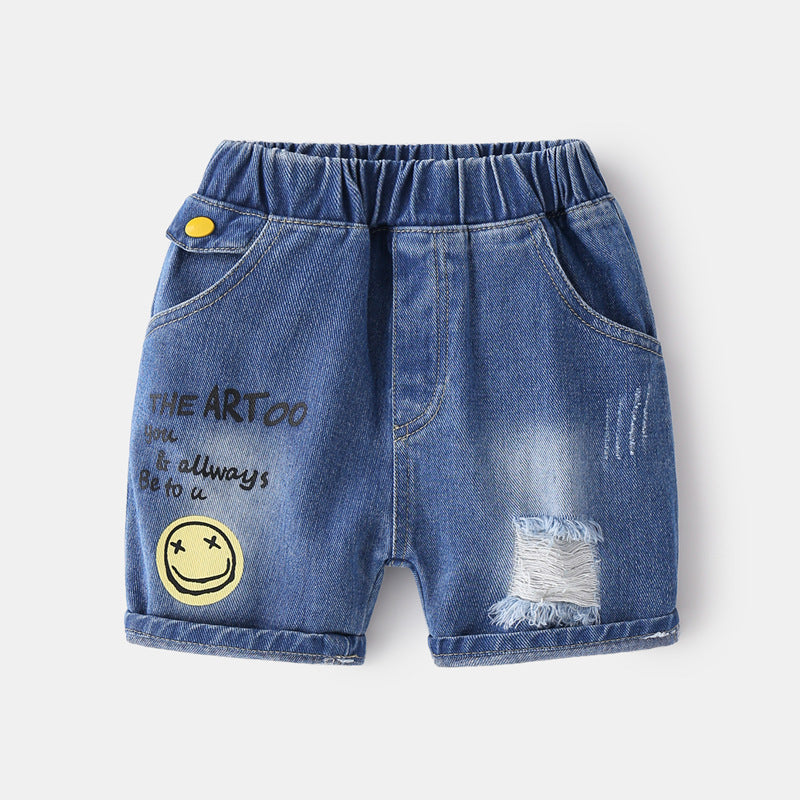 [383194] - Celana Pendek Jeans Sobek Import Anak Laki-Laki - Motif Smile Writing