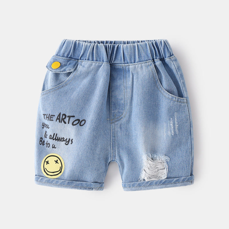 [383194] - Celana Pendek Jeans Sobek Anak Laki-Laki - Motif Smile Writing