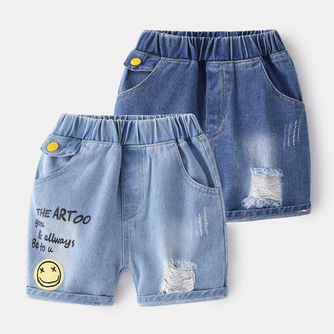 [383194] - Celana Pendek Jeans Sobek Anak Laki-Laki - Motif Smile Writing