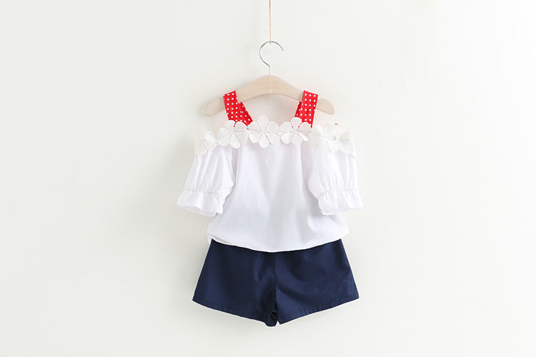 [363309-WHITE RED] - Setelan Fashion Anak Perempuan - Motif Flower Lace