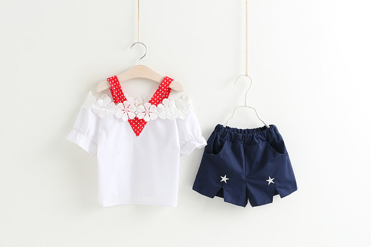 [363309-WHITE RED] - Setelan Fashion Anak Perempuan - Motif Flower Lace
