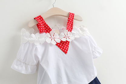 [363309-WHITE RED] - Setelan Fashion Anak Perempuan Import - Motif Flower Lace
