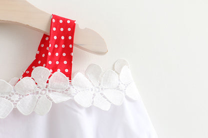 [363309-WHITE RED] - Setelan Fashion Anak Perempuan Import - Motif Flower Lace