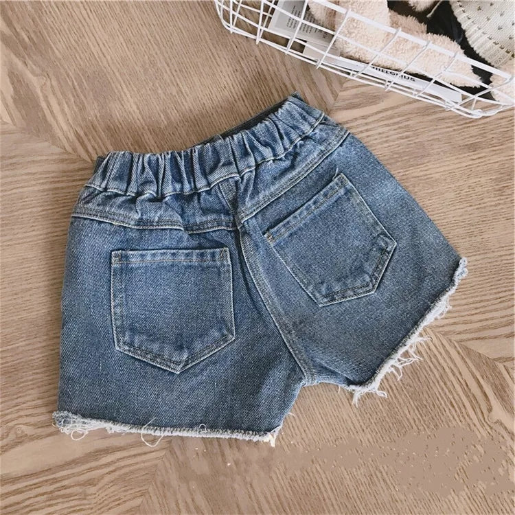 [508125-BLUE DENIM] - Celana Jeans Pendek Hot Pants Ribbed Sobek Denim Anak Perempuan Korea
