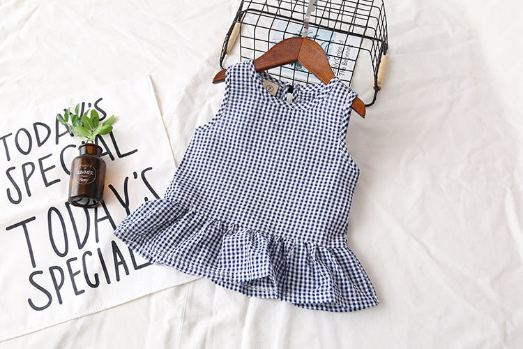[363103-BLUE] - Setelan Fashion Anak Perempuan Modish - Motif Small Gingham