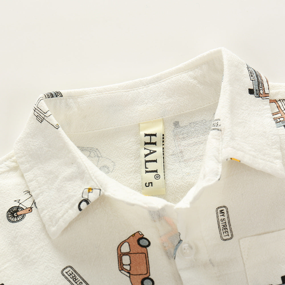 [119101] - Baju Atasan Kemeja Anak Laki Laki - Motif White Car [B1152]