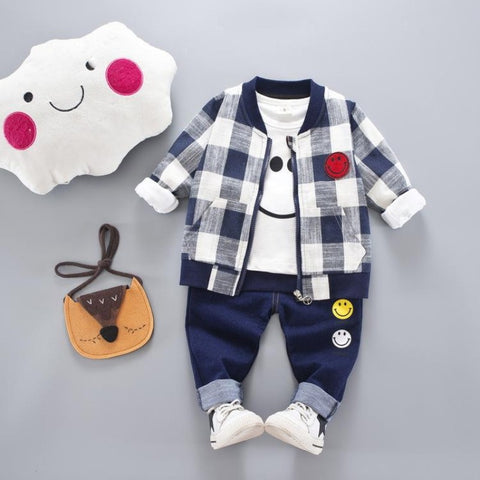 [345142-NAVY] - Setelan Anak 3 in 1 Casual Style / Setelan Anak - Motif Gingham Emoticon