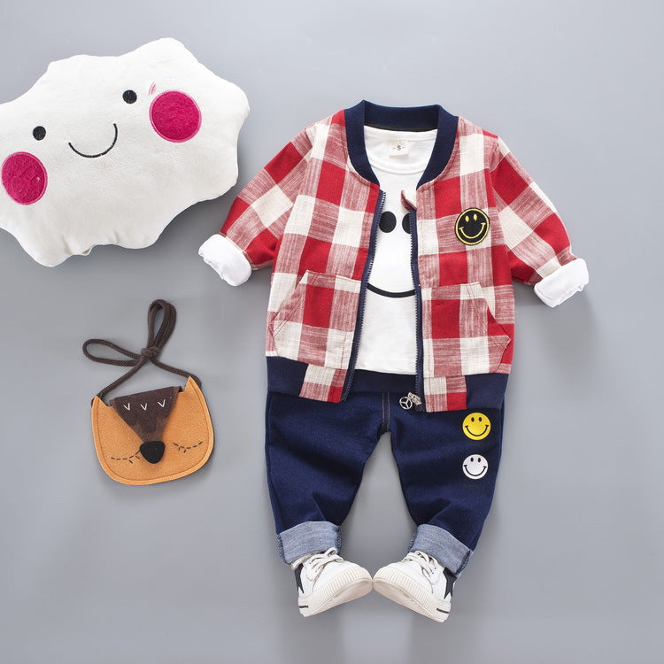 [345142-RED] - Setelan Anak 3 in 1 Casual Style / Setelan Anak - Motif Gingham Emoticon