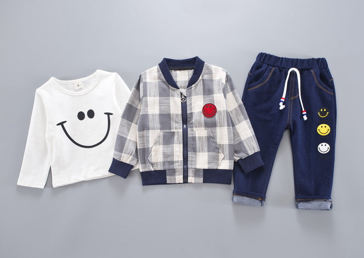 [345142-RED] - Setelan Anak 3 in 1 Casual Style / Setelan Anak - Motif Gingham Emoticon