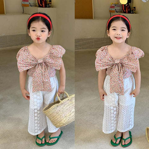[363345] - Setelan Anak Perempuan 2025 Pita Besar Motif Bunga Cantik Celana Brokat - Baju Anak Perempuan Korea OOTD Terbaru
