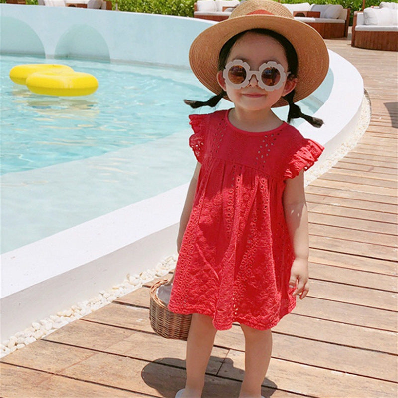 [507161-RED] - Dress Fashion Anak Perempuan - Motif Porous Flowers