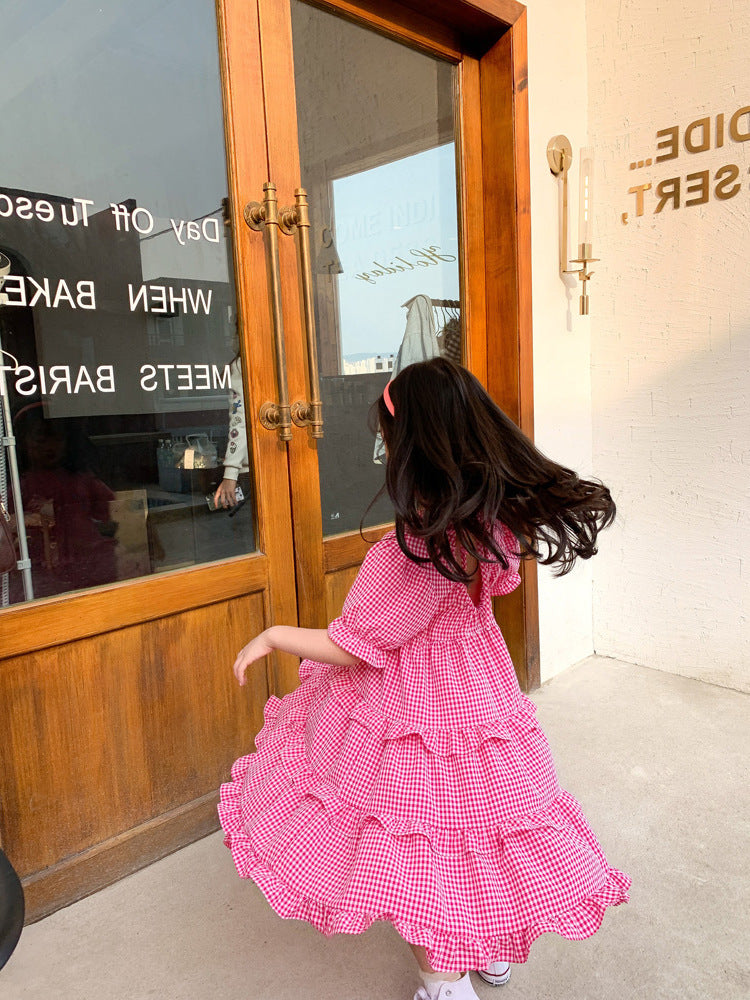 [507225-PINK] - Dress Fashion Anak Perempuan - Motif Gingham Lace