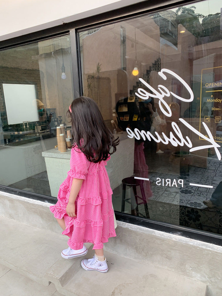 [507225-PINK] - Dress Fashion Anak Perempuan - Motif Gingham Lace