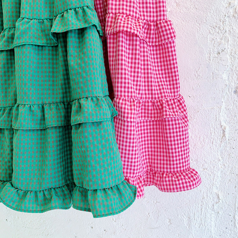 [507225-PINK] - Dress Fashion Anak Perempuan - Motif Gingham Lace