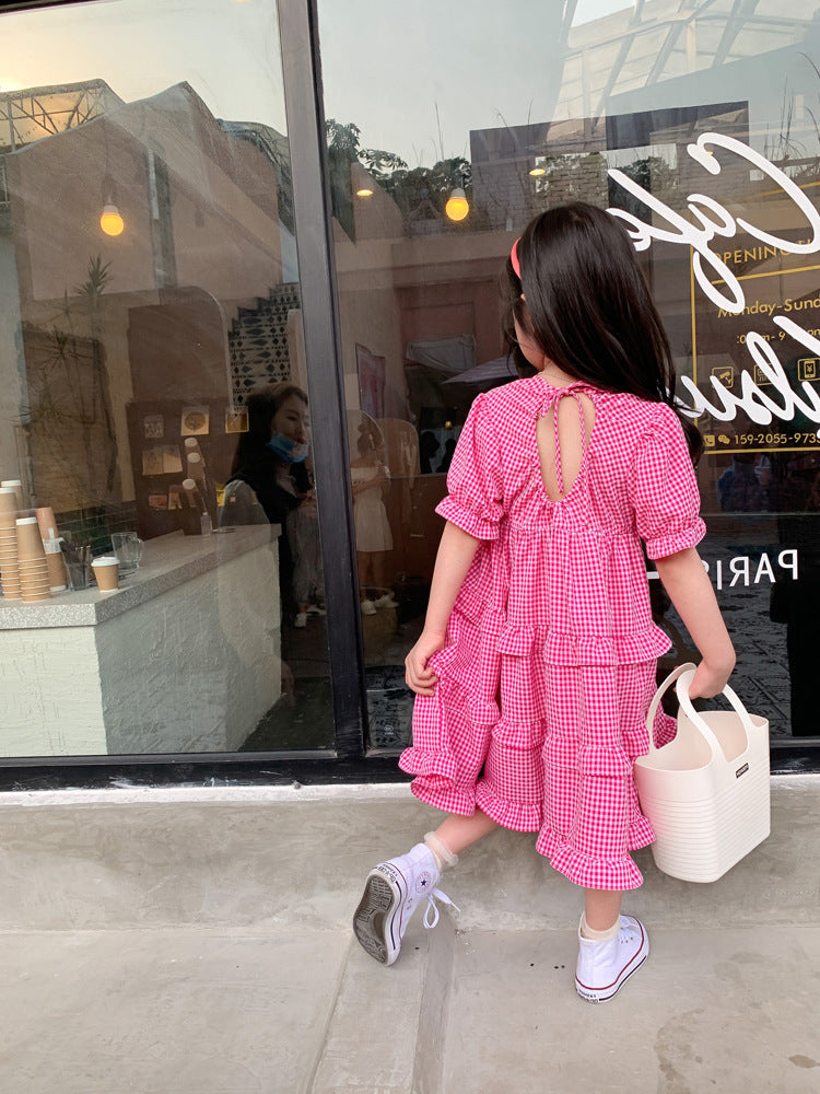 [507225-PINK] - Dress Fashion Anak Perempuan - Motif Gingham Lace