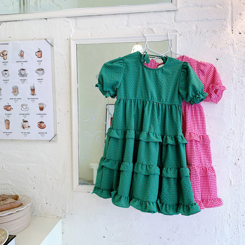 [507225-PINK] - Dress Fashion Anak Perempuan - Motif Gingham Lace