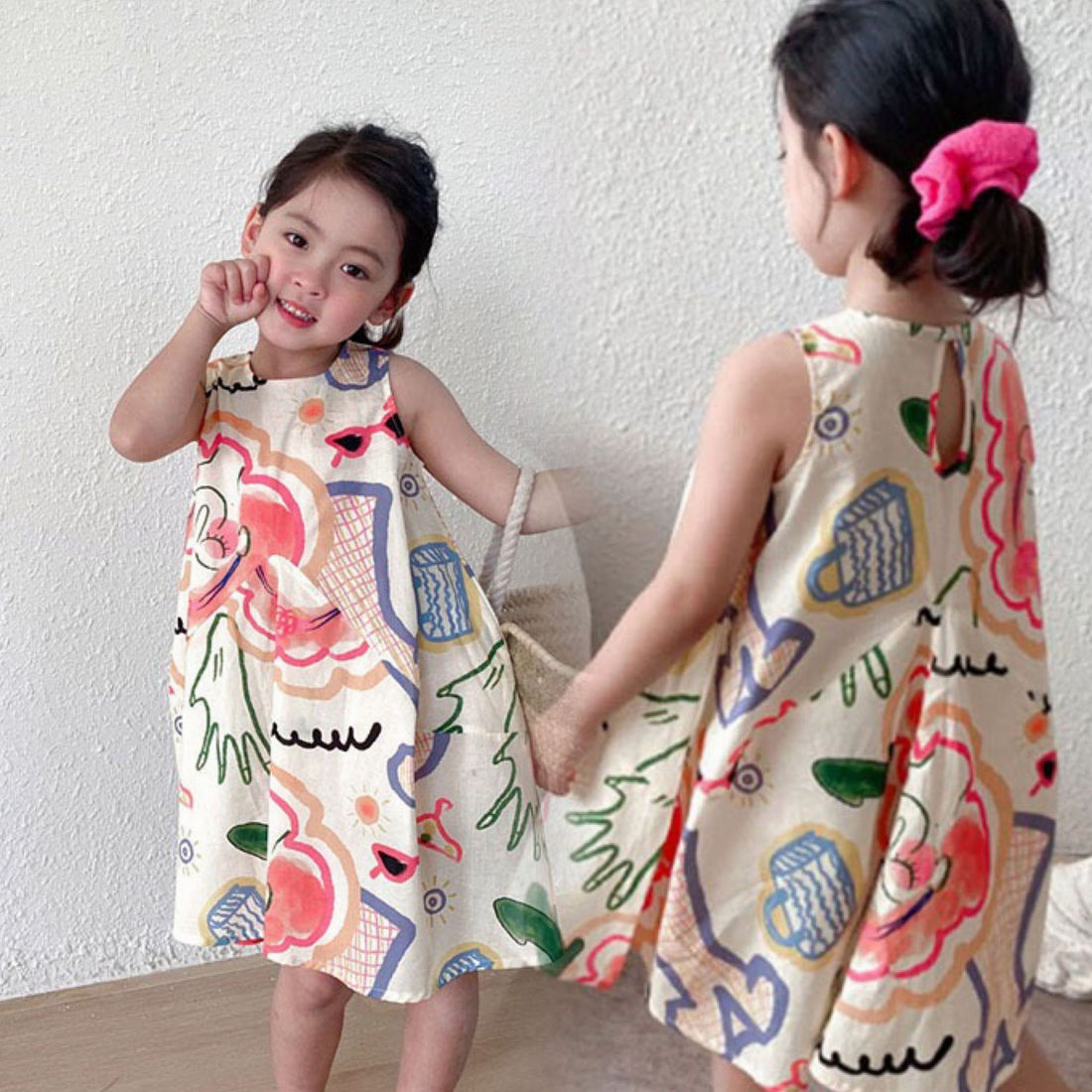 [507635] - Dress Lengan Kutung Import Anak Perempuan - Motif Abstract Shopping