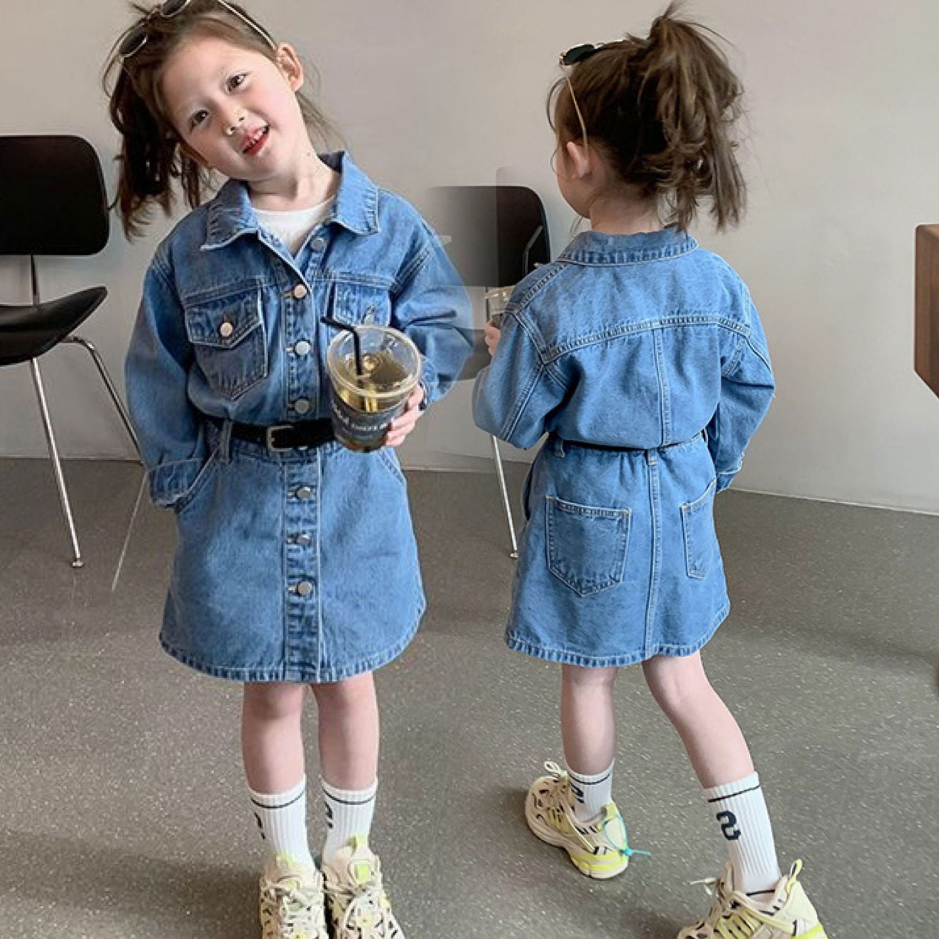 [507642] - Dress Jeans Lengan Panjang Anak Perempuan - Motif Denim Gradation