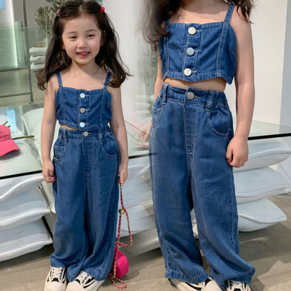 [507652] - Setelan Crop Top Celana Kulot Jeans Import Anak Perempuan - Motif Plain Denim