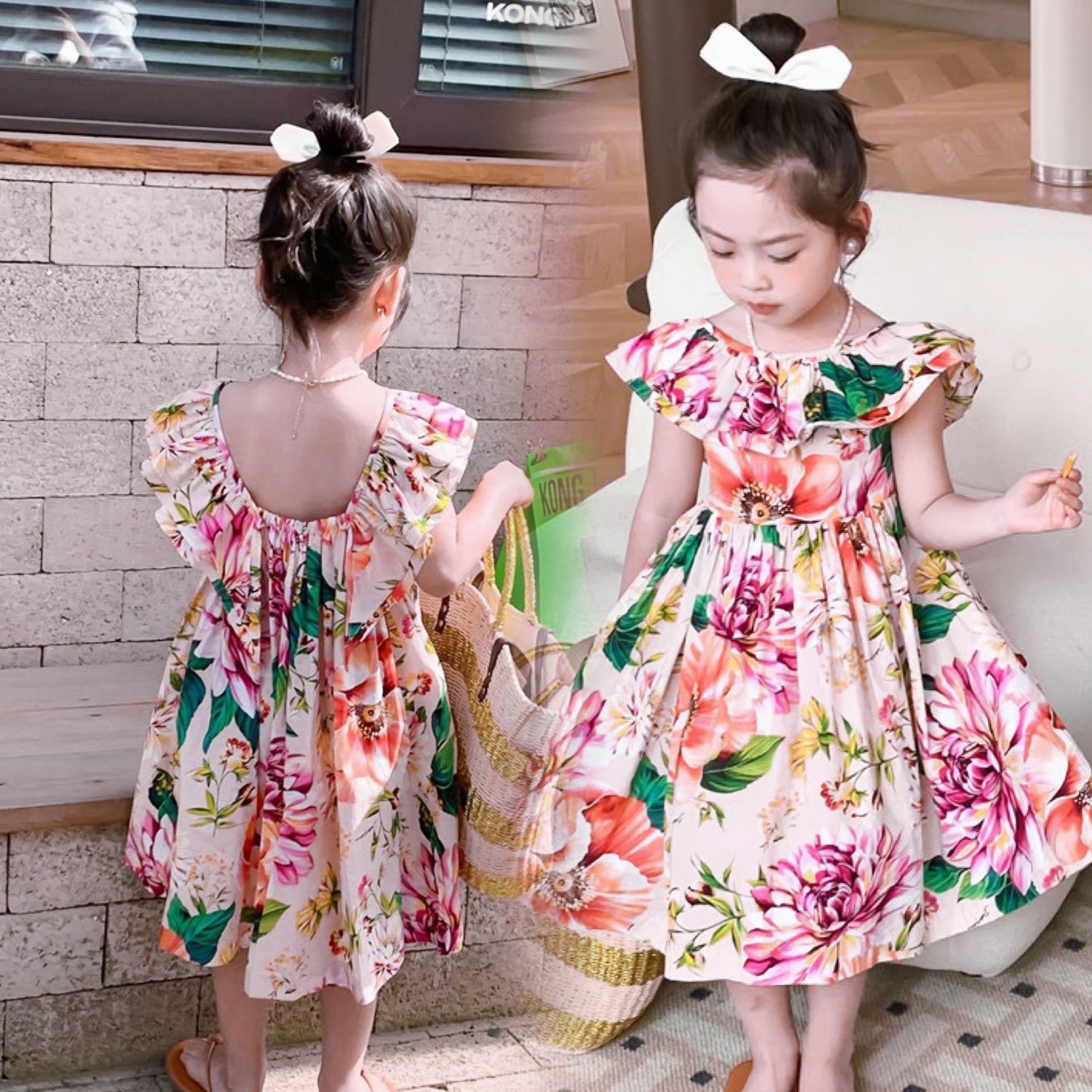 [507654] - Dress Bunga Backless Kutung Anak Perempuan - Motif Big Flower