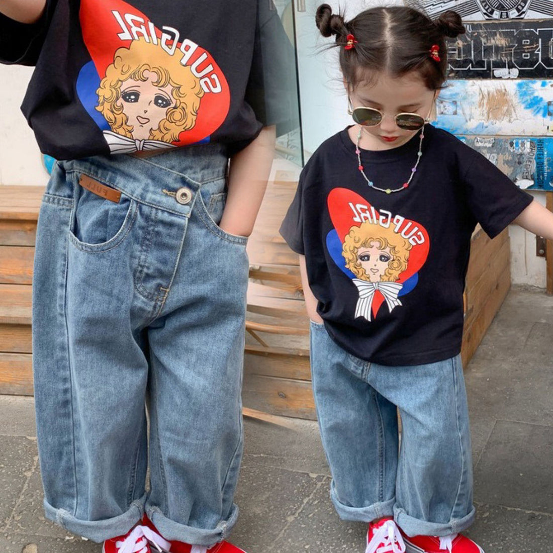 [507656] - Celana Panjang Jeans Kulot Oversize Anak Perempuan - Motif Tilt Button
