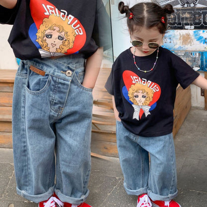 [507656] - Celana Panjang Jeans Kulot Oversize Anak Perempuan - Motif Tilt Button