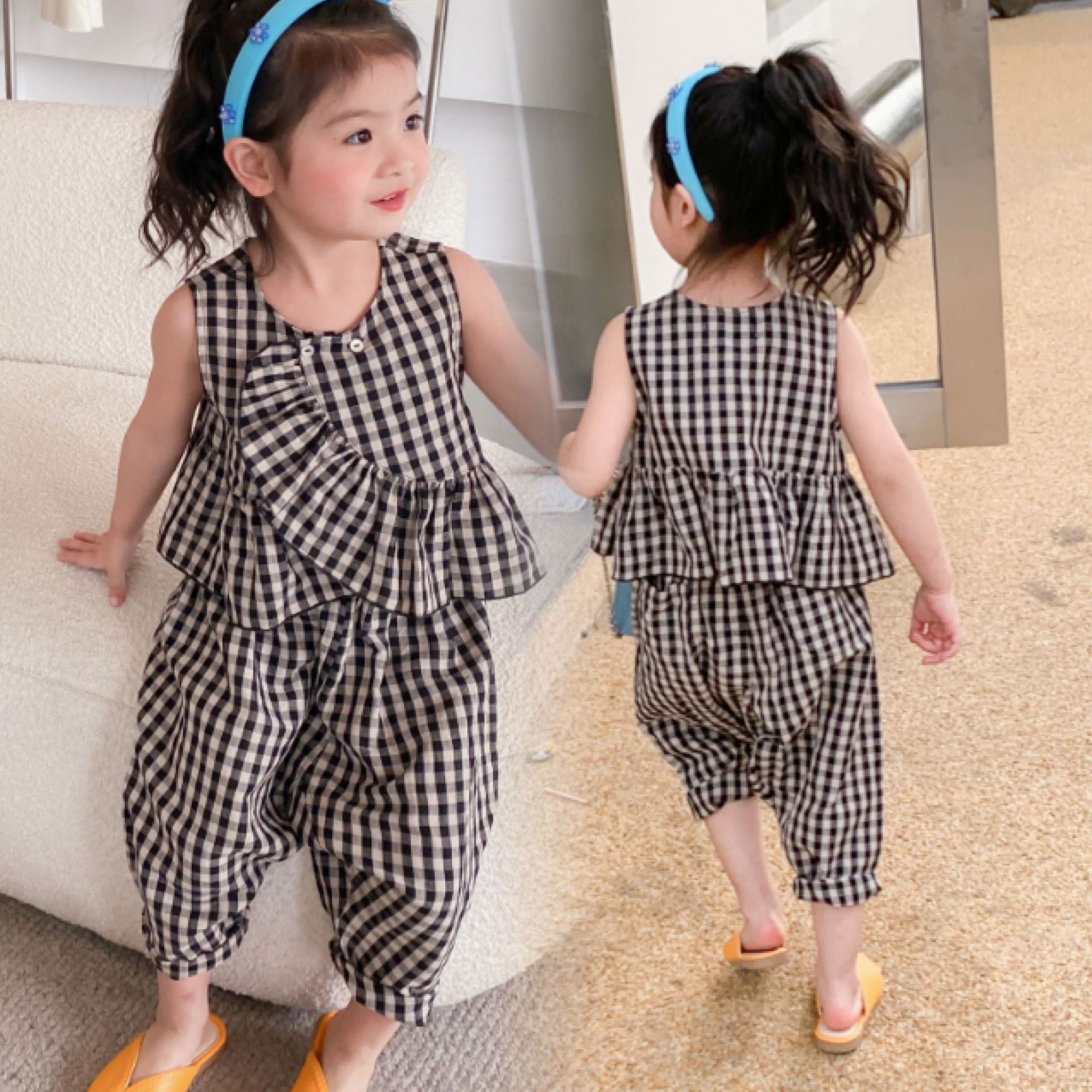 [507659] - Setelan Blouse Lengan Kutung Kotak-Kotak Anak Perempuan - Motif Balloon Pants