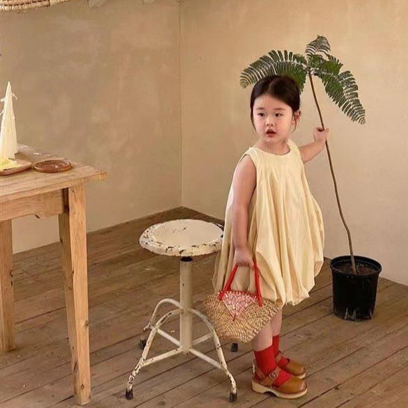 [507663] - Dress Balon Lengan Kutung Import Anak Perempuan - Motif Squishy Plain