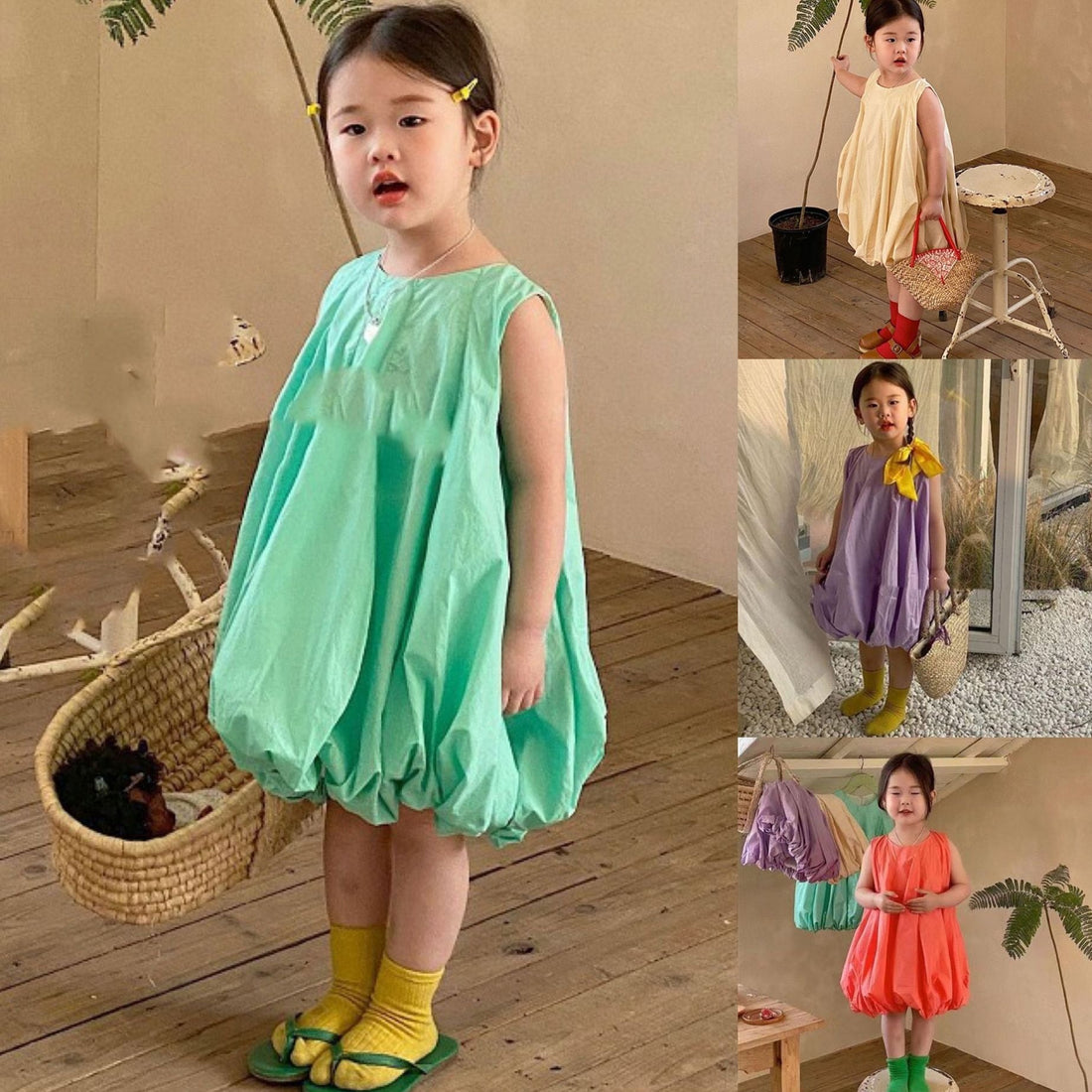 [507663] - Dress Balon Lengan Kutung Import Anak Perempuan - Motif Squishy Plain
