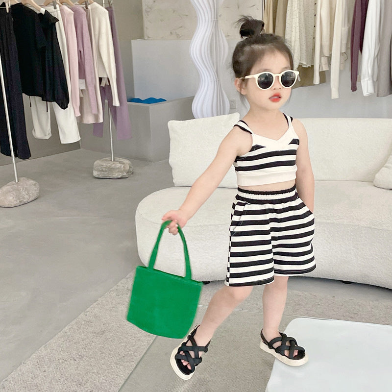 [507667] - Setelan Crop Top Celana Pendek Anak Perempuan - Motif Striped Line