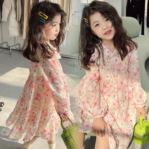 [507676] - Long Dress Lengan Panjang Anak Perempuan - Motif Faint Flower