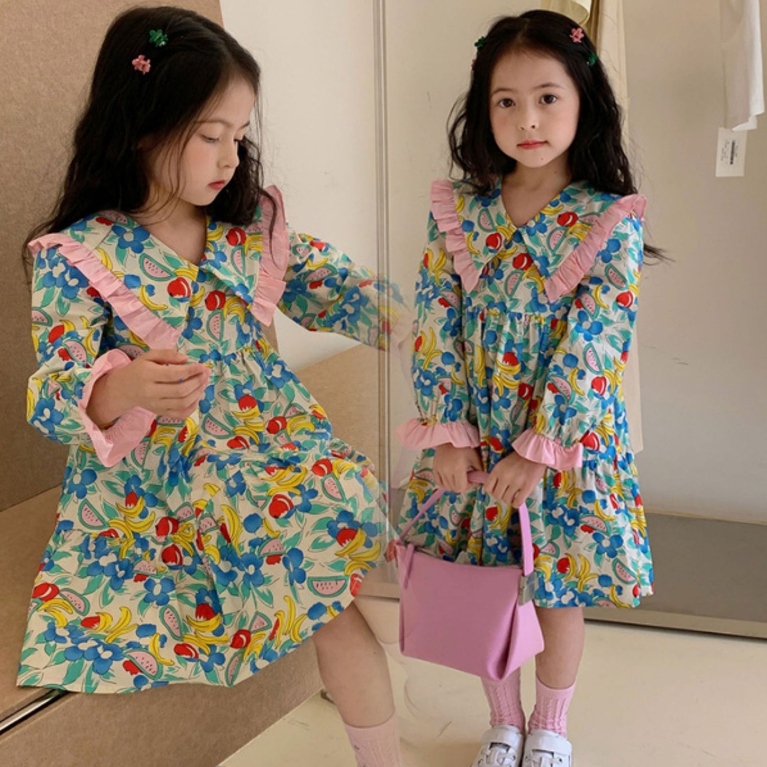 [507691] - Dress Kerah Lengan Panjang Anak Perempuan - Motif Fruit Flowers
